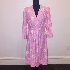 Vintage pink and white floral long sleeve midi length dress
